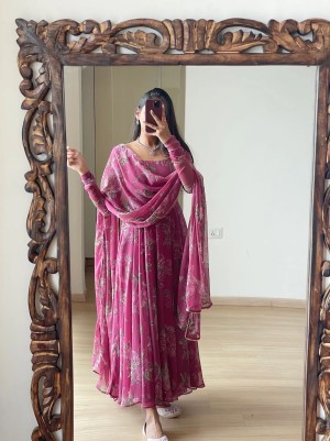 Solid Dark Pink Fox Georgette With Digital Printed Gown With Dupatta